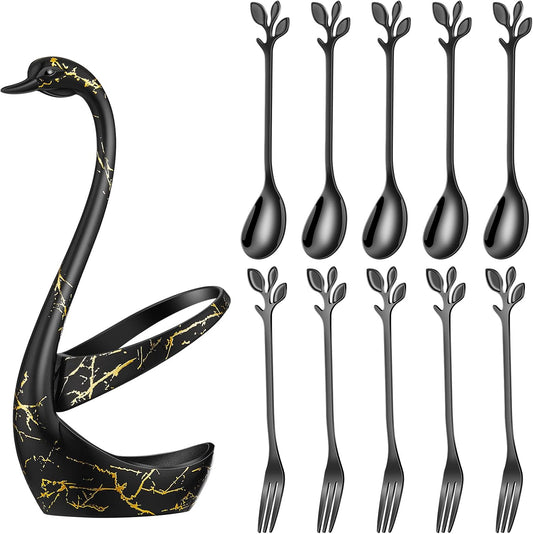 Black Swan Holder Set with Mini Leaf Teaspoons & Dessert Forks